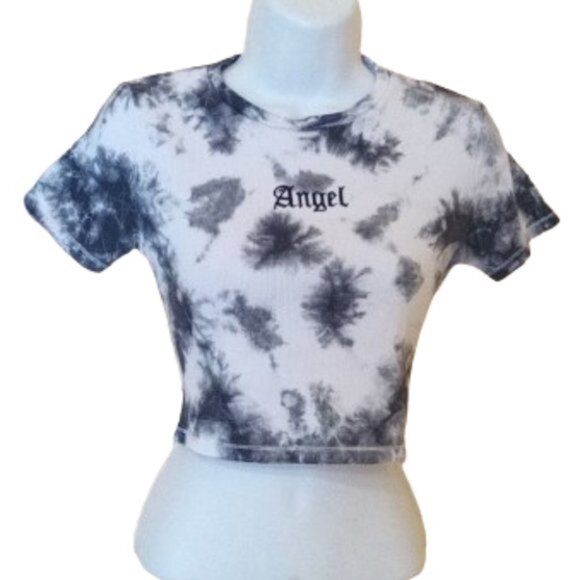 -Short Sleeve White Gray Black Crop Top Jr Medium - Picture 1 of 2